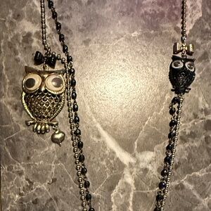 Betsey Johnson RARE AF Vintage double Owl googly eyed Necklace Black Gold